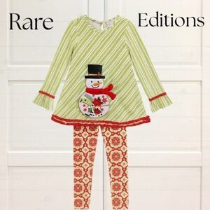 Girls Christmas Snowman Outfit Set Green Stripe Tunic Leggings Christmas Gift